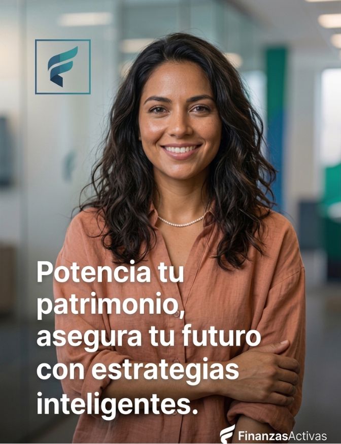 Una fotografía de una mujer sonriente y profesional con los brazos cruzados en un entorno de oficina moderno. Superpuesto en blanco a su izquierda está el texto en español: "Potencia tu patrimonio, asegura tu futuro con estrategias inteligentes." En la esquina superior izquierda, un logo azul y cian de la marca, y en la esquina inferior derecha, el logo de texto "FinanzasActivas".