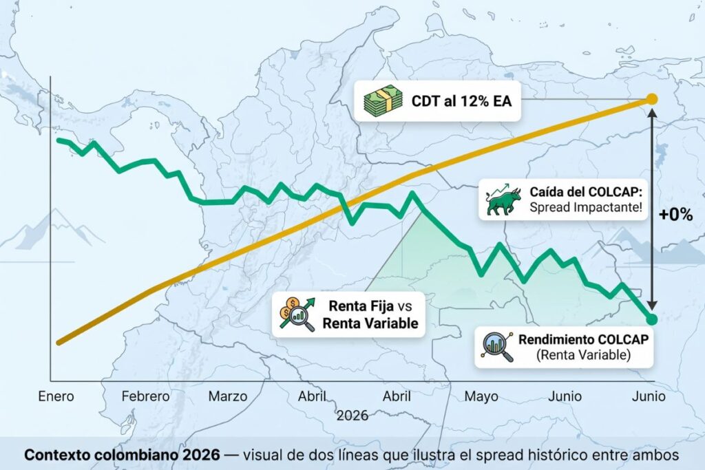 Gráfico comparativo del rendimiento del CDT al 12% EA versus la caída del COLCAP en Colombia durante el primer semestre de 2026