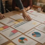 Emprendedor revisando su plan de negocios con proyecciones financieras y análisis de mercado