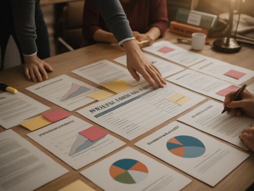 Emprendedor revisando su plan de negocios con proyecciones financieras y análisis de mercado