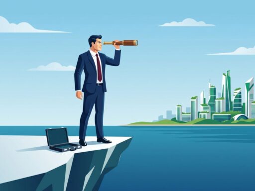 Ilustración vectorial de un líder visionario en el ámbito financiero, mirando hacia el futuro con un telescopio en un entorno moderno y limpio.