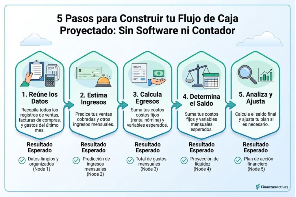 Diagrama con los 5 pasos para hacer un flujo de caja proyectado desde cero sin software especializado
