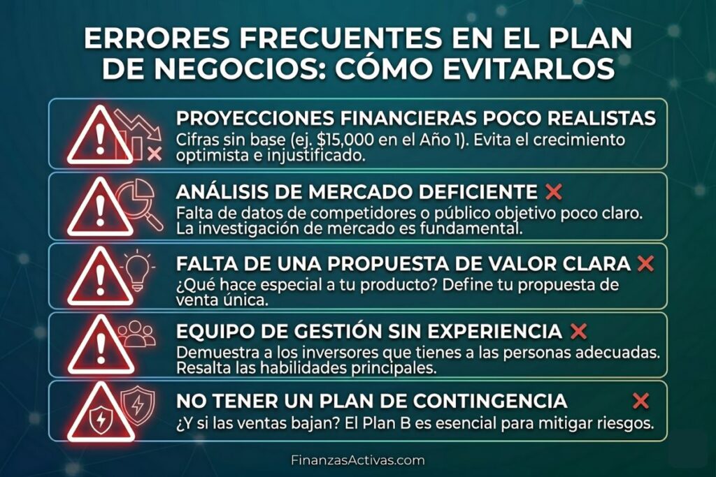 Lista de los 5 errores más comunes al hacer un plan de negocios: proyecciones irreales, ignorar la competencia, propuesta de valor vaga, costos subestimados y falta de actualización