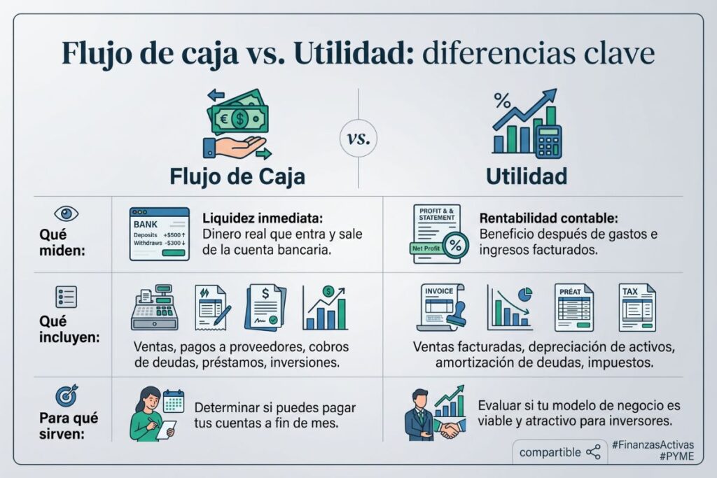 Tabla comparativa entre flujo de caja y utilidad: diferencias en qué miden, qué incluyen y para qué sirven