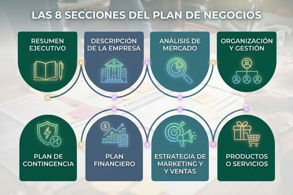 Infografía con las 8 secciones de un plan de negocios: resumen ejecutivo, descripción, análisis de mercado, propuesta de valor, marketing, equipo, plan financiero y apéndices