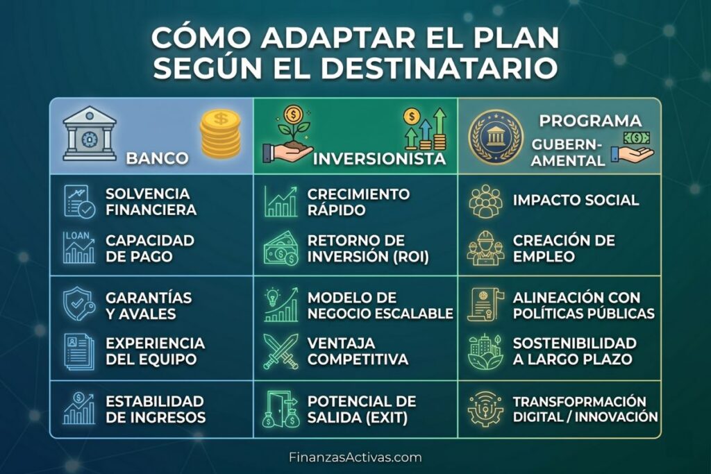 Tabla comparativa que muestra cómo adaptar un plan de negocios según el destinatario: banco, inversionista o programa de financiamiento gubernamental