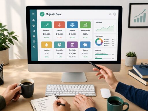 Una oficina moderna con dos personas analizando un panel financiero en una computadora que muestra "Flujo de Caja", con iconos de ingresos, gastos y rentabilidad en una interfaz limpia y profesional.