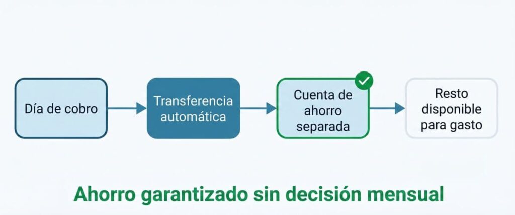 ahorro automático antes del gasto — flujo de cómo funciona la transferencia automática el día de cobro