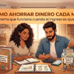 Ilustración de una pareja planificando sus finanzas mensuales con presupuestos, gráficos de ahorro y un frasco de monedas, incluyendo el logotipo integrado de FinanzasActivas.