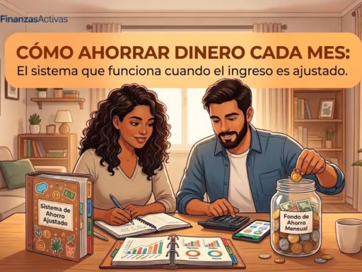 Ilustración de una pareja planificando sus finanzas mensuales con presupuestos, gráficos de ahorro y un frasco de monedas, incluyendo el logotipo integrado de FinanzasActivas.