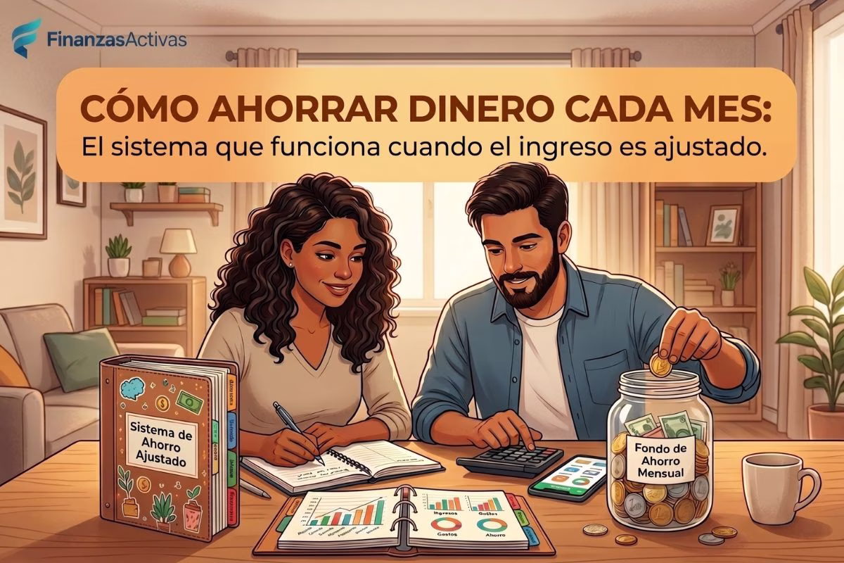 Ilustración de una pareja planificando sus finanzas mensuales con presupuestos, gráficos de ahorro y un frasco de monedas, incluyendo el logotipo integrado de FinanzasActivas.