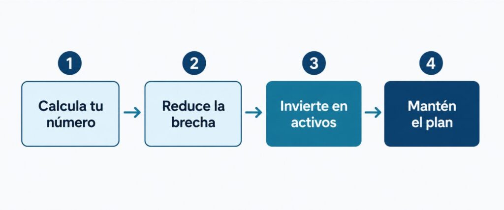 cuatro pasos para alcanzar la libertad financiera — calcular número reducir brecha invertir y mantener el plan