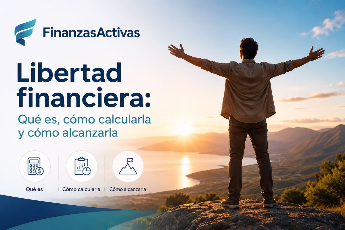 Persona de pie sobre una montaña al amanecer representando la libertad financiera, con información sobre qué es, cómo calcularla y cómo alcanzarla.