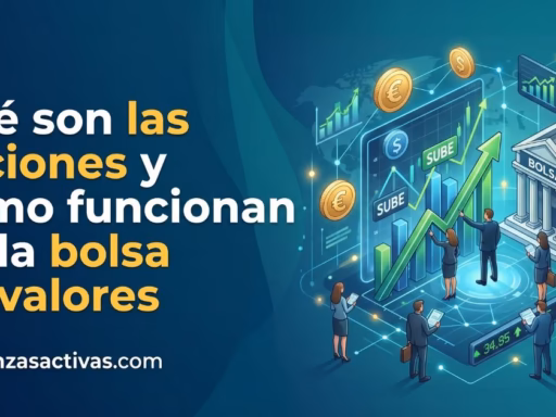 Ilustración 3D de inversores analizando gráficos de acciones y el edificio de la bolsa de valores, estilo financiero profesional en tonos azules y verdes.