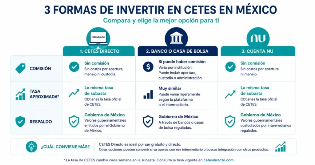 Comparación de cómo invertir en CETES: CETES Directo, banco y Nu 2026