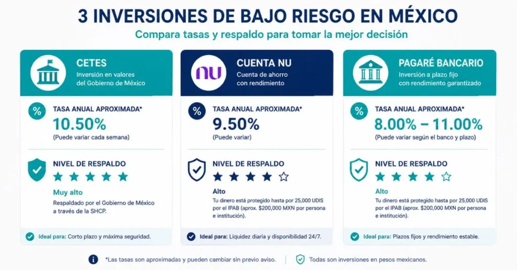 Comparación visual de CETES, pagaré bancario y cuenta Nu en México 2026