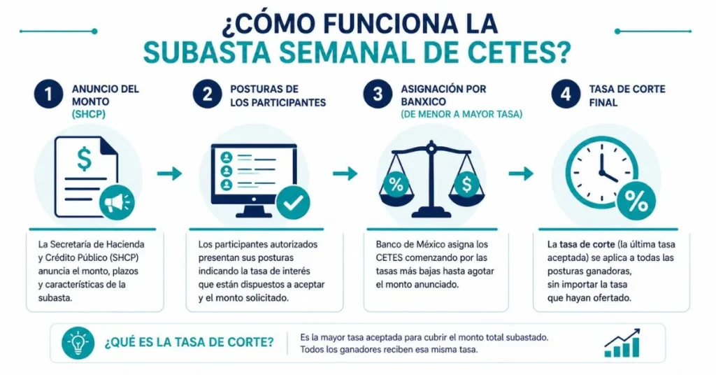 Diagrama del proceso de subasta semanal de CETES en México 2026