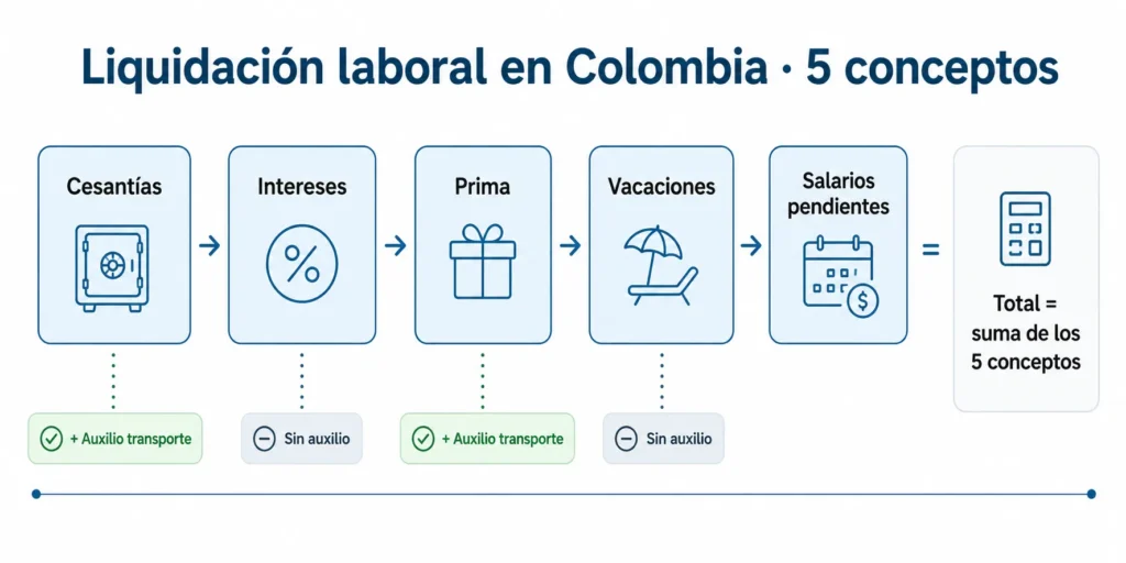 liquidación laboral Colombia — diagrama de los cinco conceptos y sus bases de cálculo