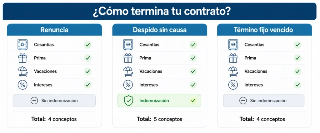 liquidación laboral Colombia — comparación renuncia despido y contrato vencido