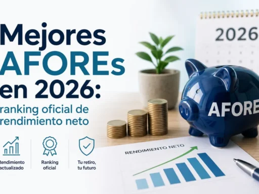 Alcancía de ahorro junto a monedas y gráfico de crecimiento que representa el ranking oficial de las mejores AFOREs en 2026 según su rendimiento neto.