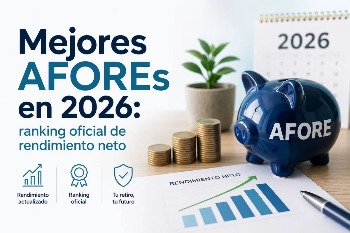 Alcancía de ahorro junto a monedas y gráfico de crecimiento que representa el ranking oficial de las mejores AFOREs en 2026 según su rendimiento neto.