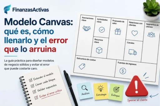 Portada sobre el Modelo Canvas con un lienzo de modelo de negocio, notas estratégicas y una alerta que destaca el error más común al diseñar un negocio.