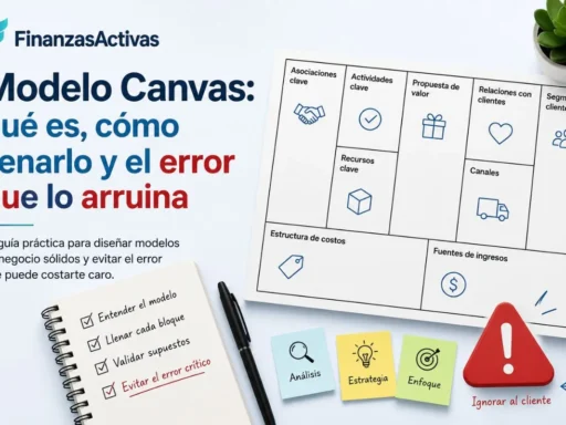 Portada sobre el Modelo Canvas con un lienzo de modelo de negocio, notas estratégicas y una alerta que destaca el error más común al diseñar un negocio.
