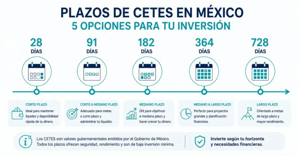 Línea de tiempo de los plazos de CETES en México de 28 a 728 días