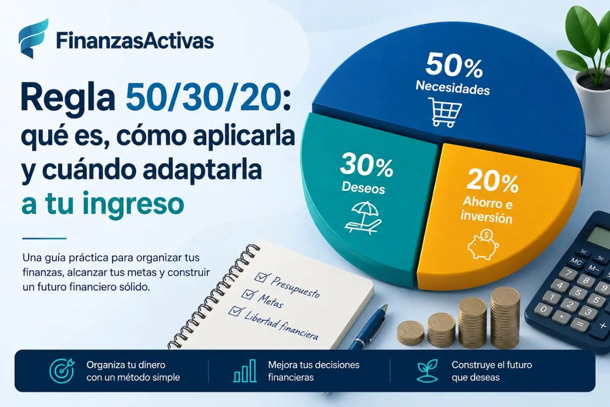 Gráfico de la regla 50/30/20 que muestra cómo distribuir los ingresos entre necesidades, deseos y ahorro para mejorar las finanzas personales.