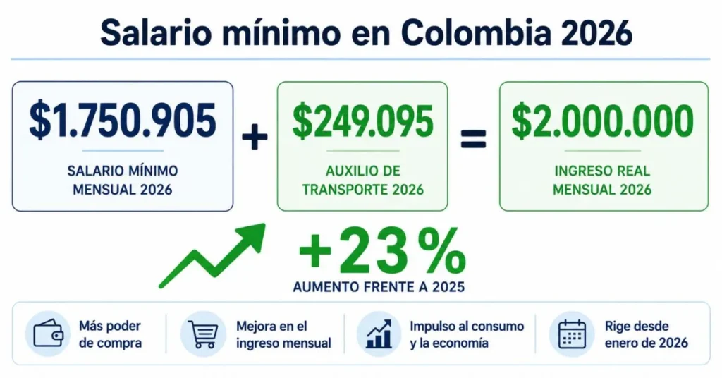 salario mínimo colombia 2026 SMMLV $1.750.905 más auxilio de transporte igual a $2.000.000 ingreso real