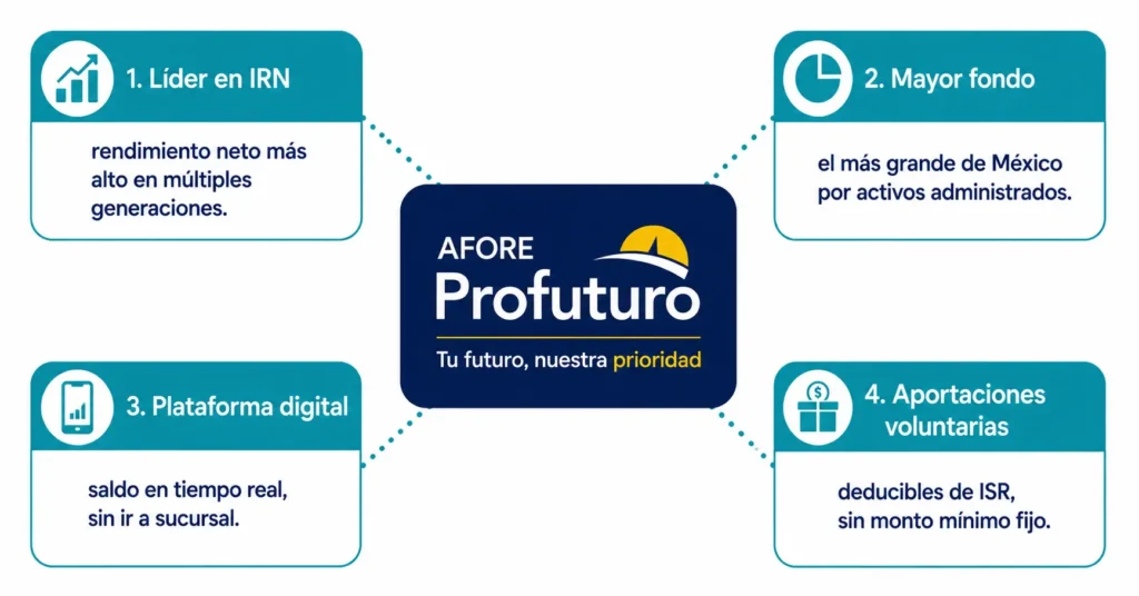 Mapa conceptual con las cuatro características principales de AFORE Profuturo en México: liderazgo histórico en IRN en múltiples generaciones, posición como el mayor fondo por activos administrados, plataforma digital con consulta de saldo en tiempo real, y aportaciones voluntarias deducibles de ISR