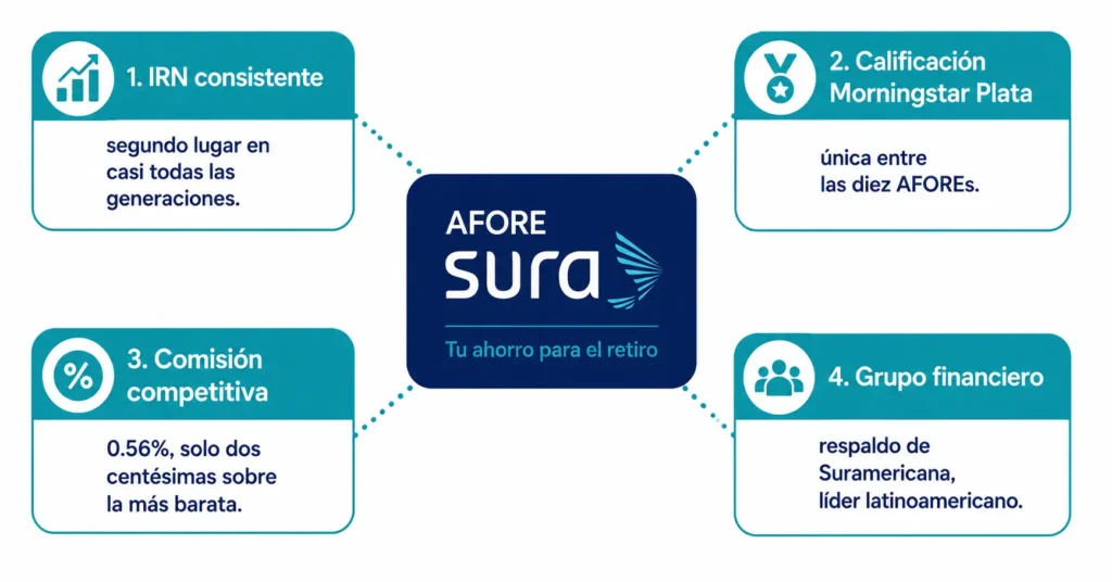 Mapa conceptual con las cuatro características diferenciadoras de AFORE SURA en el sistema mexicano de pensiones: posición consistente en IRN, calificación Morningstar Plata única en el sistema, comisión competitiva cerca de la más baja, y respaldo del grupo financiero Suramericana