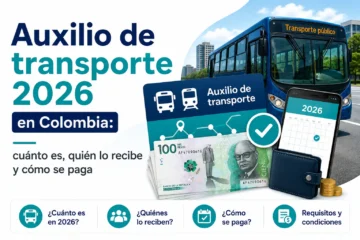 Ilustración del auxilio de transporte 2026 en Colombia con bus de transporte público, billetes de 100.000 pesos colombianos, tarjeta de transporte y calendario, representando quién recibe el beneficio, cuánto es y cómo se paga
