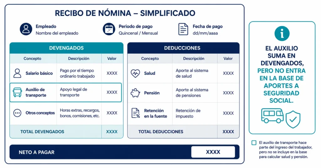 Esquema de recibo de nómina colombiano que muestra cómo el auxilio de transporte aparece en la sección de devengados junto al salario básico, con una nota aclarando que no hace parte de la base de cotización a salud y pensión