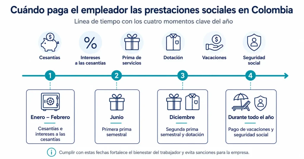 Línea de tiempo del año laboral colombiano con las fechas clave en que el empleador debe pagar cada prestación social: cesantías e intereses en enero y febrero, prima semestral en junio, y segunda prima junto con dotación en diciembre