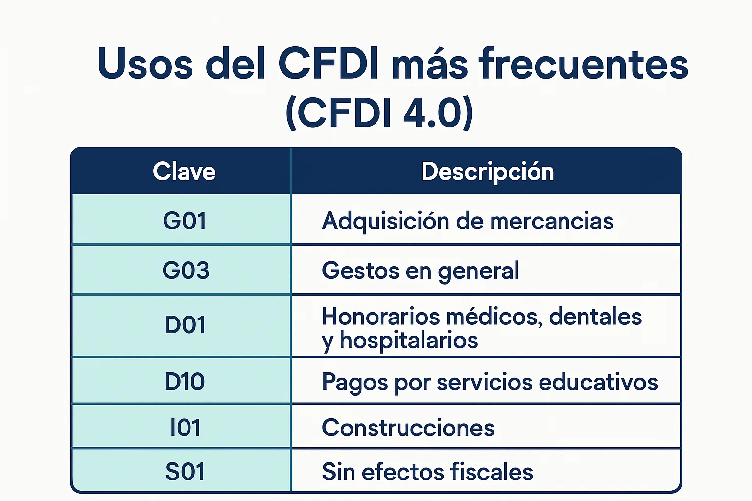 Tabla de los usos del CFDI más comunes en 2026: G01 adquisición, G03 gastos generales, D01 honorarios médicos, I01 construcciones