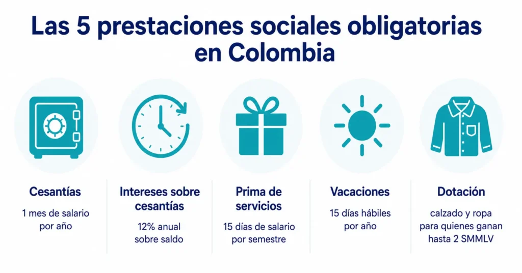 Infografía de referencia rápida con los cinco tipos de prestaciones sociales obligatorias en Colombia en 2026: cesantías, intereses sobre cesantías, prima de servicios, vacaciones y dotación, con una descripción concisa de qué representa cada una