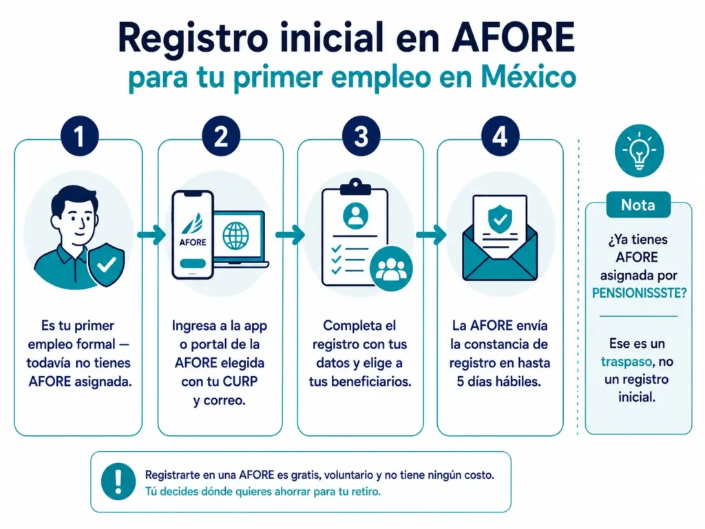Diagrama de cuatro pasos para registrarse en una AFORE por primera vez en México cuando es el primer empleo formal, desde la verificación de que no hay AFORE asignada hasta la recepción de la constancia de registro