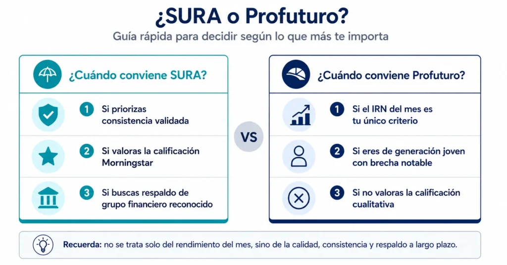Diagrama de decisión que compara cuándo AFORE SURA es la mejor elección frente a Profuturo: SURA destaca por consistencia y calificación Morningstar, mientras Profuturo conviene cuando el IRN puntual del mes es el criterio principal y se es de generación joven