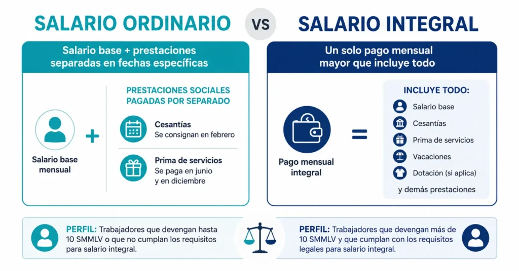 Diagrama comparativo entre el salario ordinario con prestaciones sociales separadas y el salario integral en Colombia, explicando cómo el salario integral incorpora cesantías, prima y vacaciones en un pago mensual único para trabajadores que superan el umbral legal
