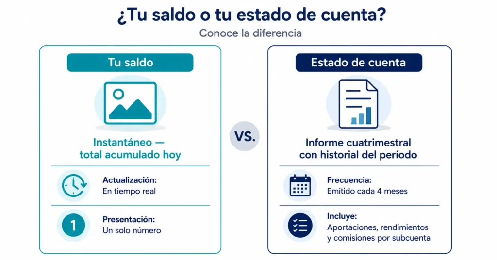 Diagrama comparativo que explica la diferencia entre el saldo en tiempo real de la cuenta AFORE Profuturo y el estado de cuenta cuatrimestral, que incluye el detalle de aportaciones, rendimientos y comisiones por subcuenta del período