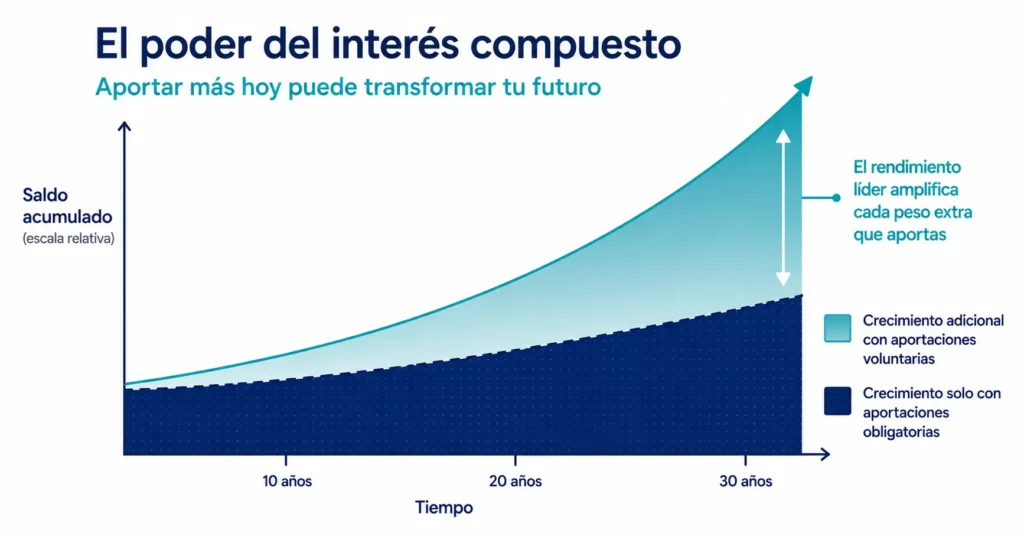 Gráfica conceptual que muestra cómo las aportaciones voluntarias a una AFORE con rendimiento neto líder generan una brecha de crecimiento exponencial respecto a solo las aportaciones obligatorias, amplificándose significativamente a lo largo de 20 y 30 años