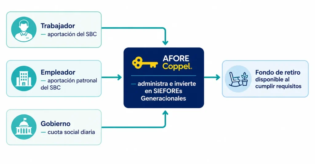 Diagrama de flujo que muestra cómo las aportaciones tripartitas del trabajador, el empleador y el gobierno mexicano confluyen en la AFORE, que las invierte en la SIEFORE Generacional correspondiente a la edad del trabajador hasta el momento del retiro