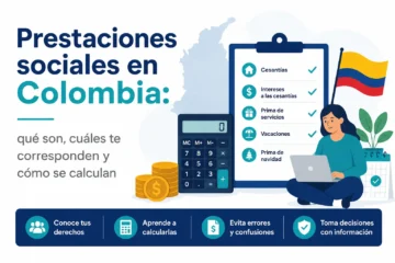 Prestaciones sociales en Colombia con ilustración de cesantías, intereses a las cesantías, prima de servicios y vacaciones, junto a una calculadora y lista de beneficios laborales para explicar cómo se calculan los derechos del trabajador en 2026.