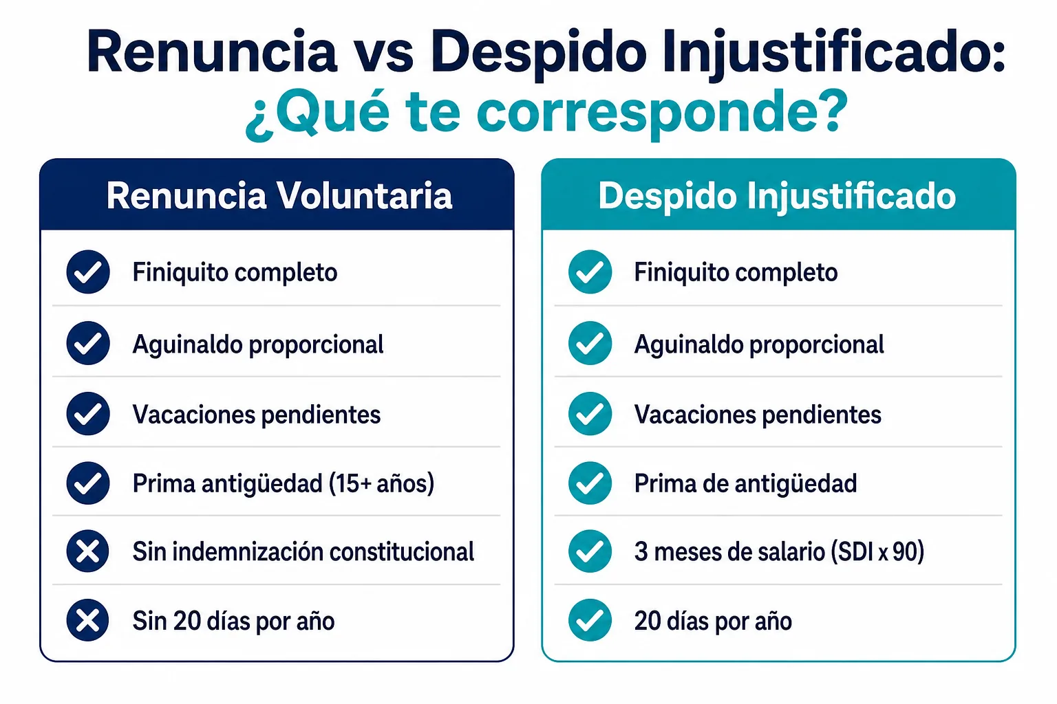Comparativa de derechos laborales en renuncia voluntaria vs despido injustificado en México 2026