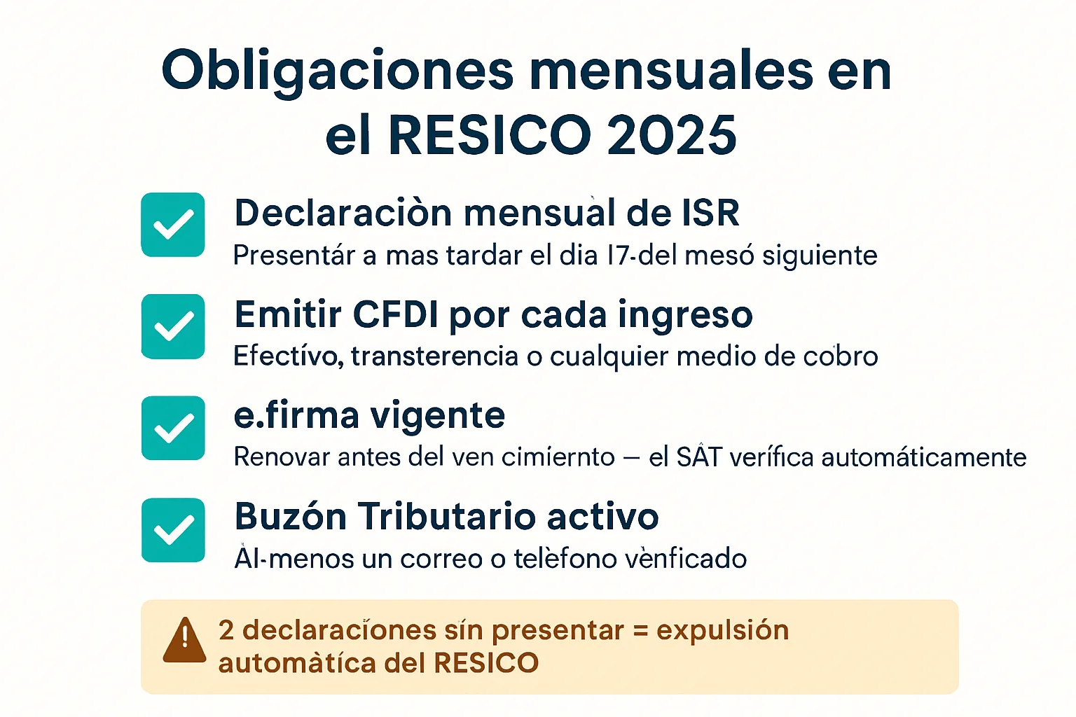 Checklist de obligaciones mensuales en el RESICO 2026: declaración mensual día 17, CFDI por cada ingreso, e.firma vigente y Buzón Tributario activo