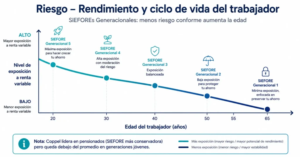 Gráfica del ciclo de vida de las SIEFOREs Generacionales que muestra cómo la exposición a renta variable disminuye progresivamente conforme el trabajador envejece, con AFORE Coppel liderando en la SIEFORE más conservadora para pensionados pero por debajo del promedio en generaciones jóvenes
