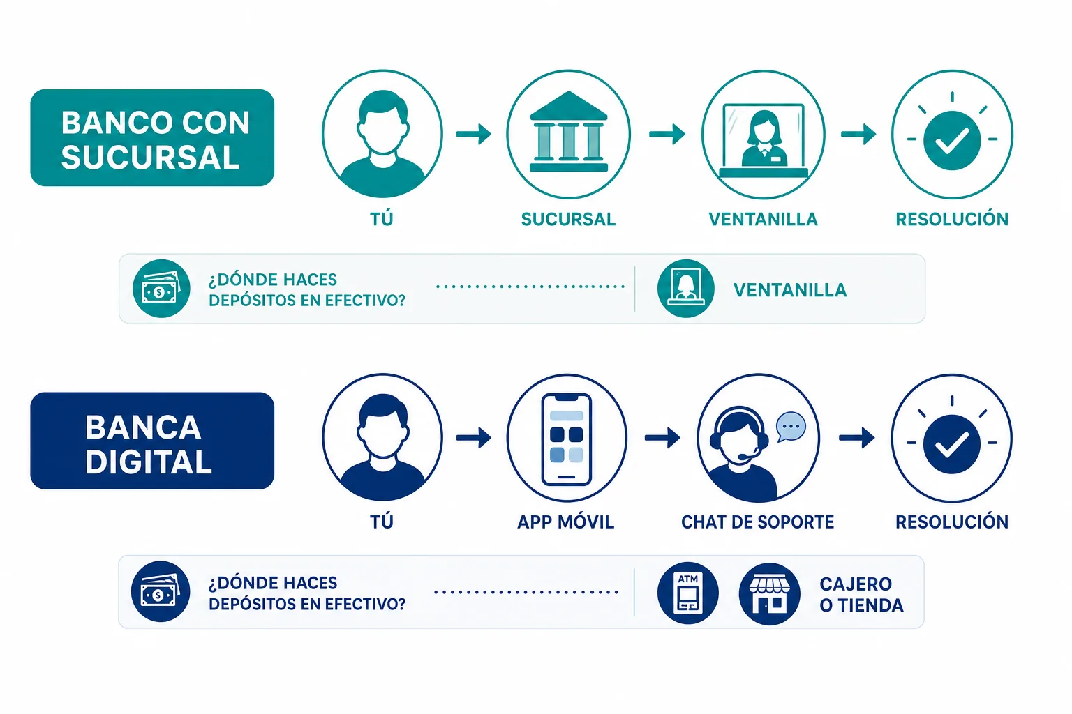 Diagrama comparativo del recorrido de una operación en un banco con sucursal frente a la banca digital en México